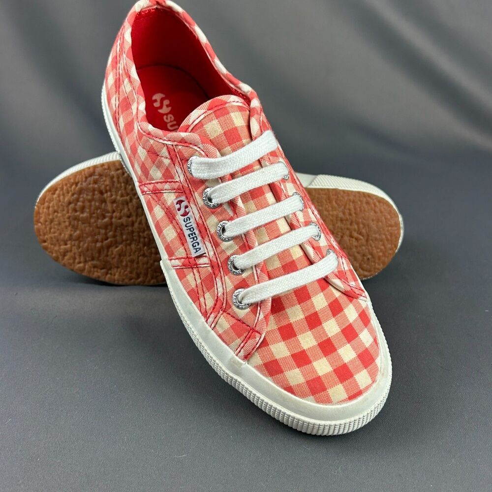 Superga Red and White Gingham Sneakers Check Plaid Lace Up Women’s Size 7 NEW - Picture 11 of 15